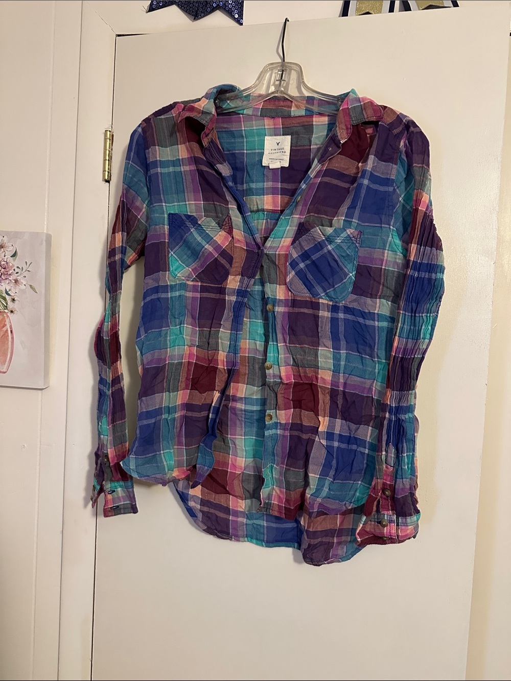 American Eagle Outfitters Plaid Button-Down Shirt - Blue, Purple, Teal